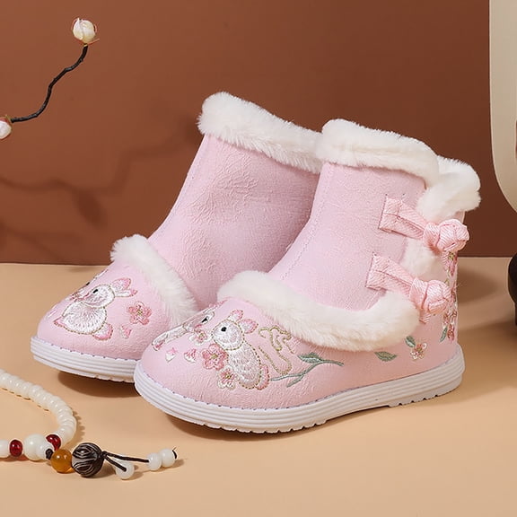 B91xZ Toddler Girl Boots Gilrs Cloth Shoes Rubber Sole Warm Winter Snow Boots Embroidery Print Cotton Boots (Pink, 12 Little Child)
