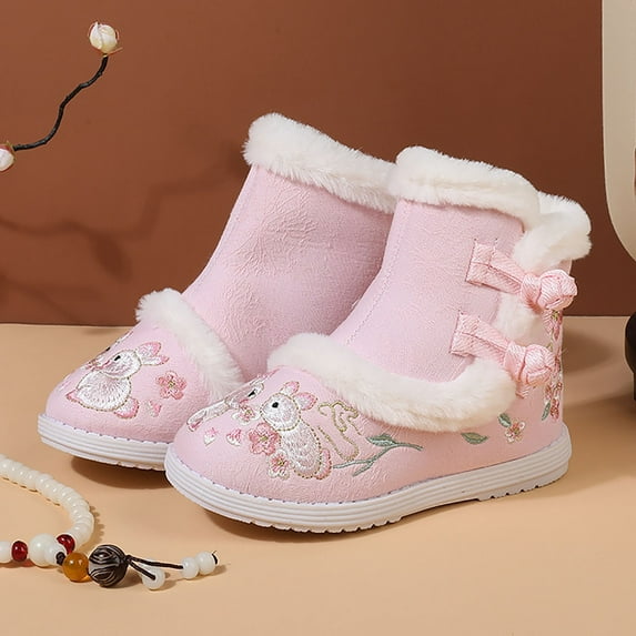 B91xZ Toddler Girl Boots Gilrs Cloth Shoes Rubber Sole Warm Winter Snow Boots Embroidery Print Cotton Boots (Pink, 13.5 Little Child)