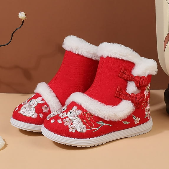 B91xZ Toddler Girl Boots Gilrs Cloth Shoes Rubber Sole Warm Winter Snow Boots Embroidery Print Cotton Boots (Red, 1 Big Kids)