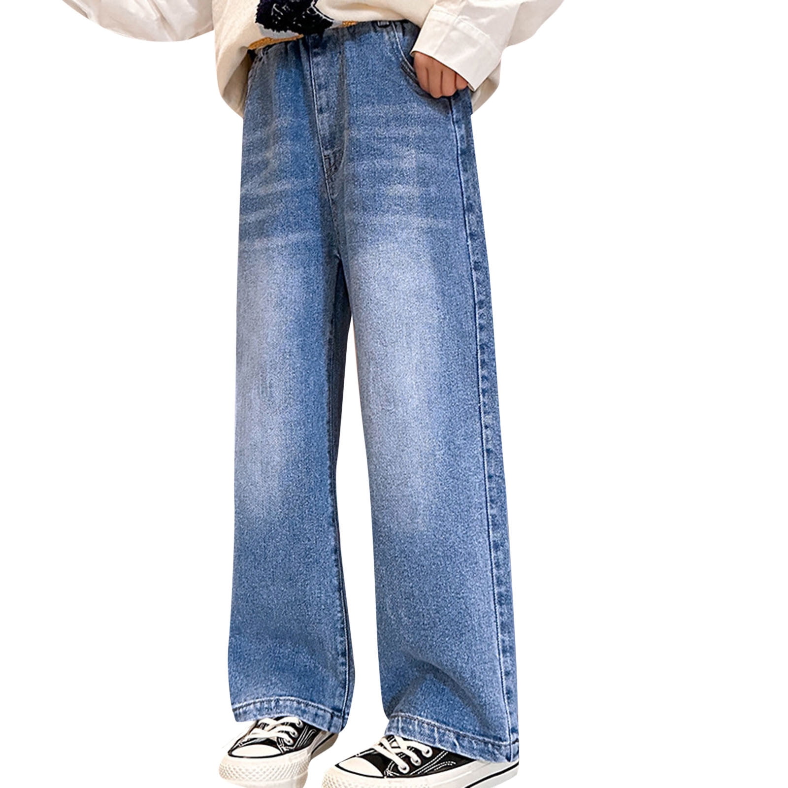 B91xZ Kids Girls Jeans Elastic Waist Flare Leg Pants Casual Long Wide Leg Pants  Jeans Trousers (Blue, 10-12 Years) 