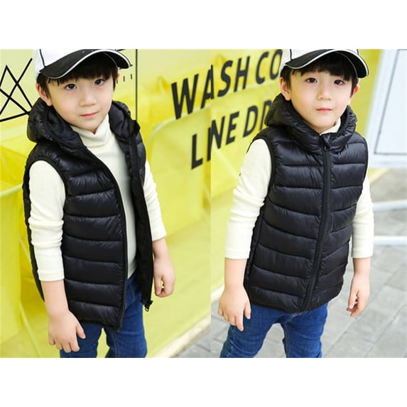 B91xZ Winter Coats for Boys Girls Sleeveless Winter Solid Coats Hooded Jacket Vest Outer Outwear (Black, 4-5 Years)