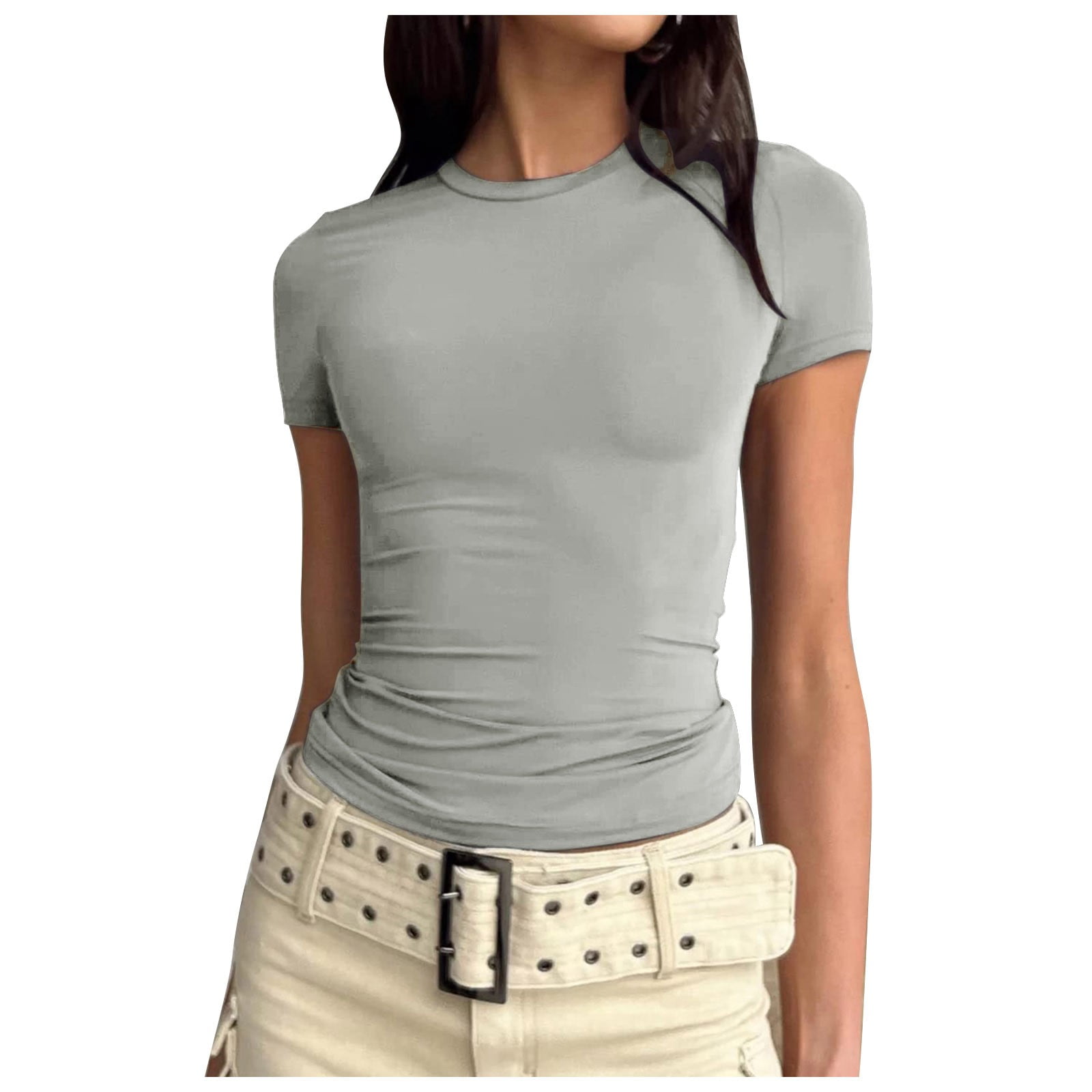 B91xZ Womens Tops Women Skim Dupes Basic Solid Crop Tops Short Sleeve Round  Neck Shirt Workout Slim Fit T-Shirt Y2K Grey,Size M