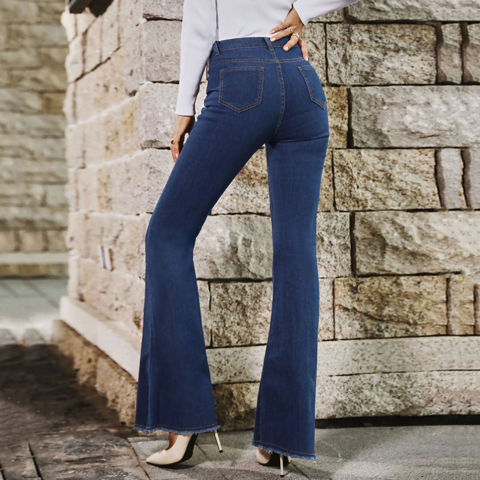 B91xZ Work Pants For Women High Waist Spring And Autumn New Wide Leg  Elastic Slim Stitching Denim Flared Jeans Jeans For Women BU1,Size XS 