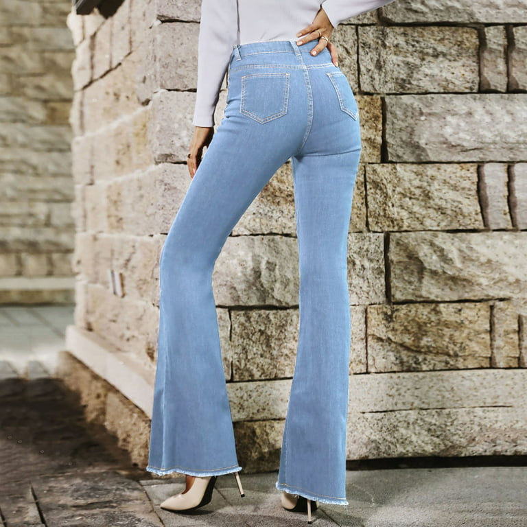 B91xZ Work Pants For Women High Waist Spring And Autumn New Wide Leg  Elastic Slim Stitching Denim Flared Jeans Jeans For Women BU2,Size L