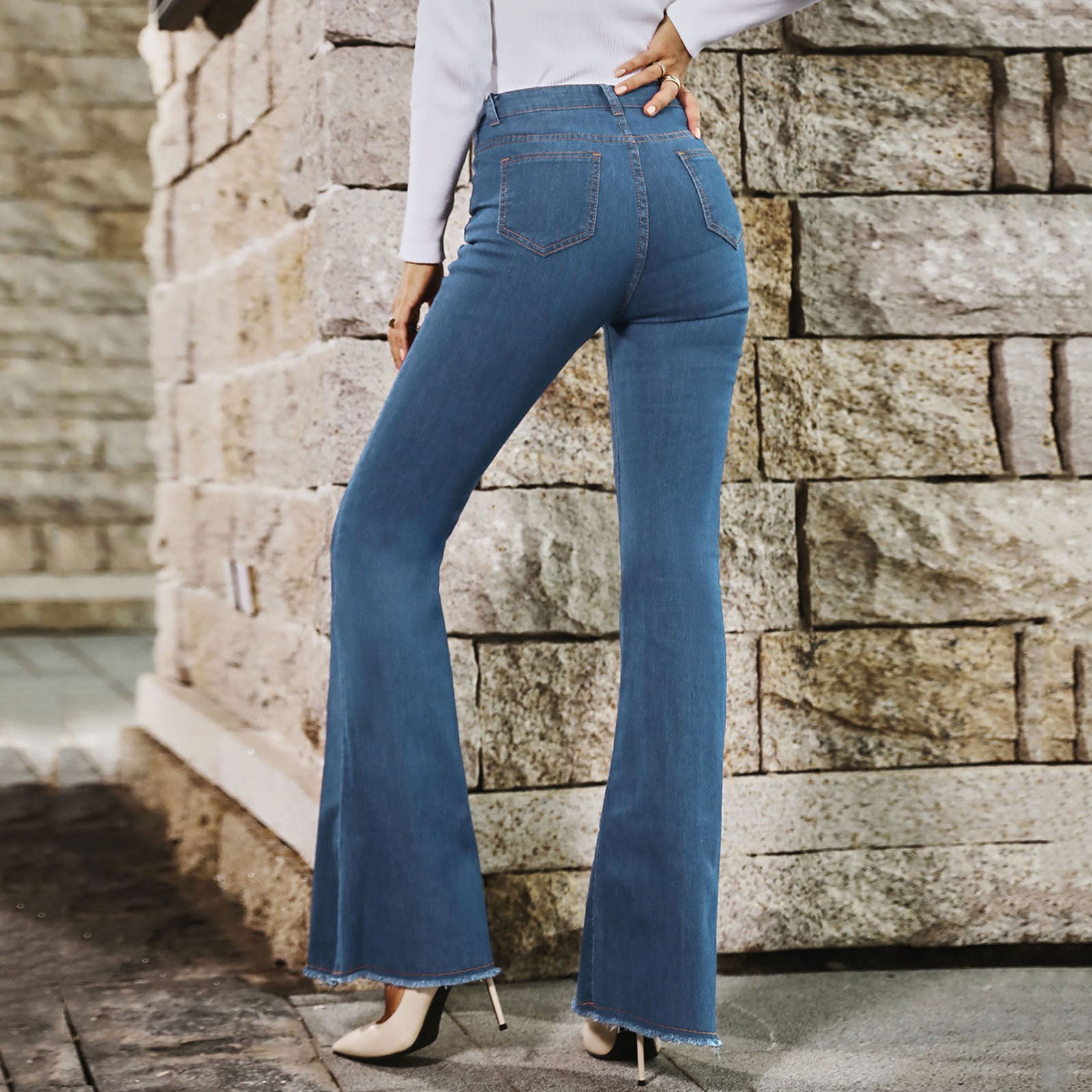 B91xZ Work Pants For Women High Waist Spring And Autumn New Wide Leg  Elastic Slim Stitching Denim Flared Jeans Jeans For Women BU3,Size M 