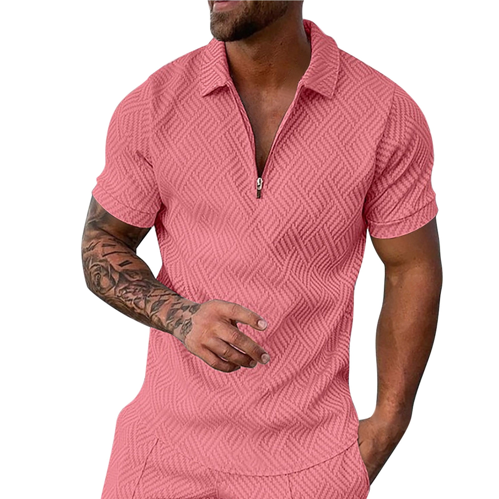 B91xZ Work Shirts For Men Men's Shirt Summer Outfits Casual Zipper Up Short  Sleeve Shirt Suit For Men Cropped T Shirts for Men Polo Shirts For Men Pink  XXL 