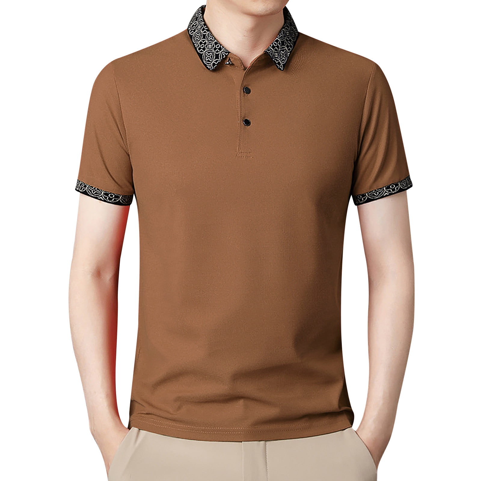 B91xZ Workout Shirts For Men Men's Fashion Shirt Casual Short Sleeve Shirt  Color Block Cotton Top Skeleton N Mens Set Polo Shirts For Men Brown L 