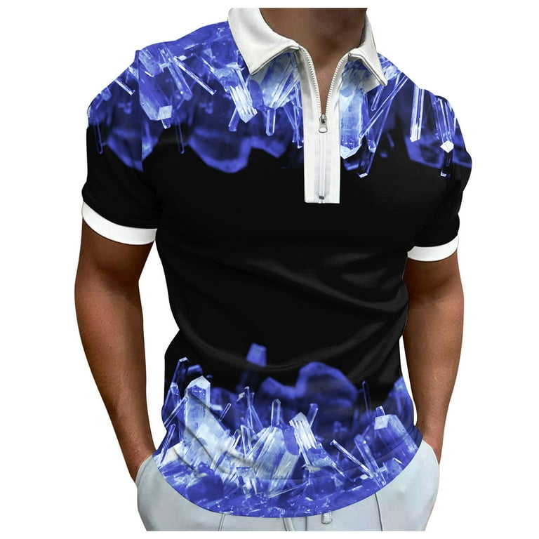 B91xZ Workout Shirts Mens Summer Digital 3D Printing Fashion Poster Holiday  Beach Lapel Zipper Short Turtle Neck Men Polo Shirts For Men Blue XXL 
