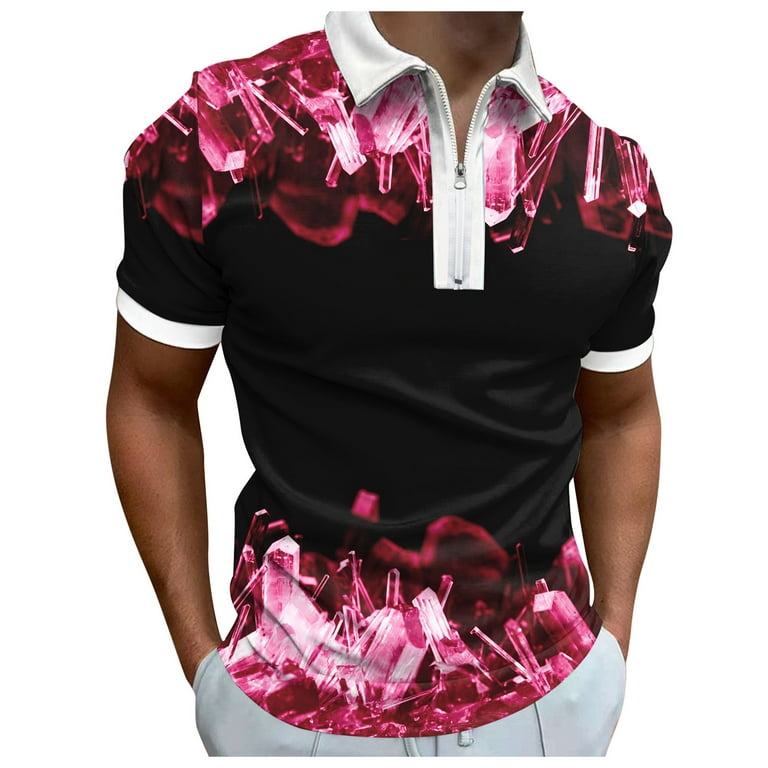 B91xZ Workout Shirts Mens Summer Digital 3D Printing Fashion Poster Holiday  Beach Lapel Zipper Short Turtle Neck Men Polo Shirts For Men Hot Pink 3XL 