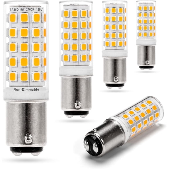 BA15D 120V Dual Contact/DC Bayonet Base LED Bulb, 2700K Soft Warm White, 5W, Non-Dimmable, 5 Pack