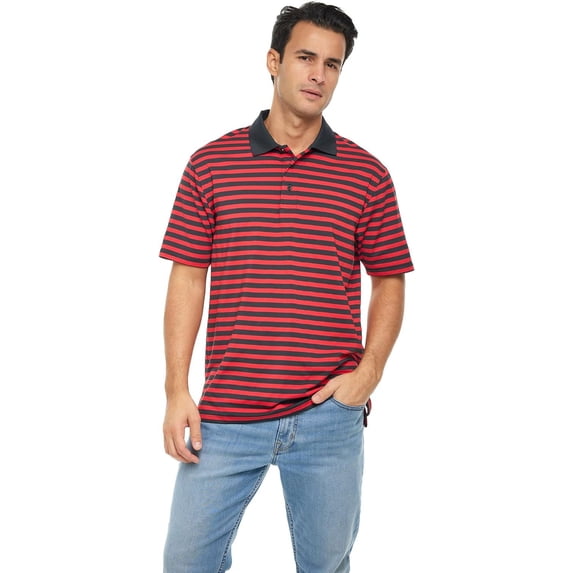 BAAZ Mens Striped Performance Polo, Black-Red, Large