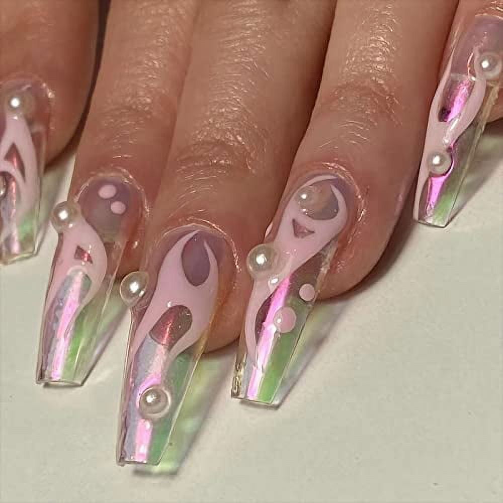 Aetomce 24 Pcs Cute Press on Nails Medium with Designs, Coffin Acrylic  False Nails,Pink Ballerina Artificial Glue on Nails, Rabbit Resin Charms  and Rhinestones Stick on Nails for Women 
