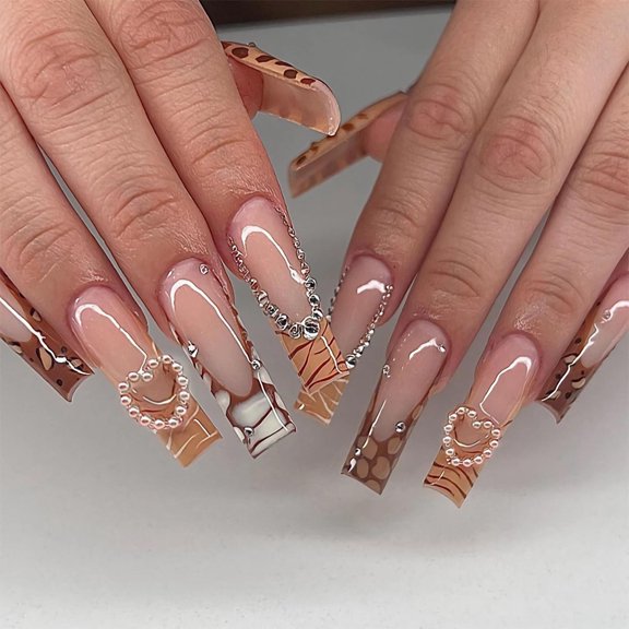 BABALAL Long Square Press on Nails Brown Fall Fake Nails Cheetah French Tip Design Y2k Glue ons Nails Heart Pearl Charm Acrylic Nails 24Pcs Handmade Squoval False Nails E22