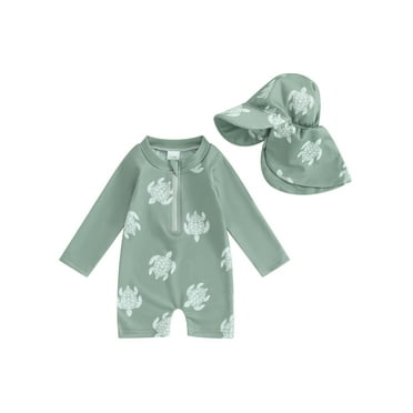 BABAMOON Infant Toddler Baby Boys Rash Guard Swimsuit Romper Long Sleeve Turtle/Dinosaur Print Bathing Suit Swimwear with Swim Cap