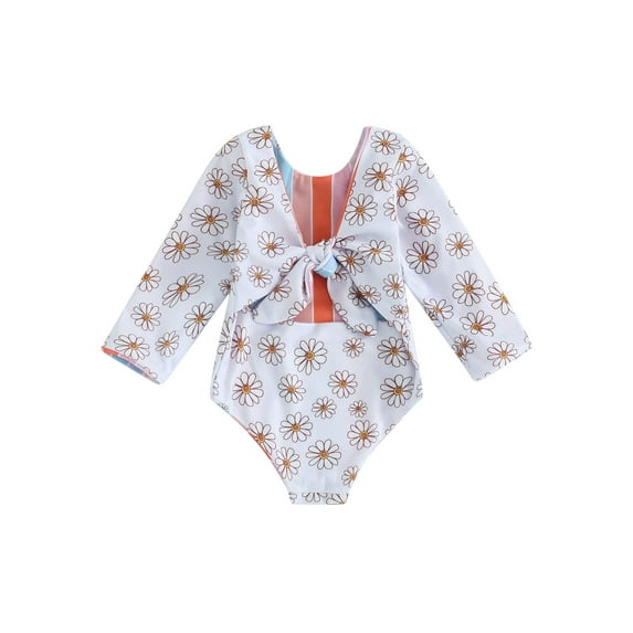 BABAMOON Infant Toddler Baby Girls Rash Guard Swimsuit Rompers Long Sleeve Floral Print Knot Front Bathing Suit Swimwear