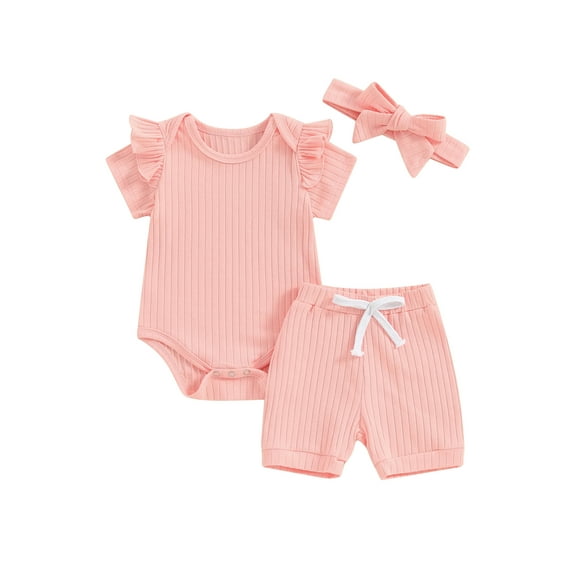 BABAMOON Newborn Baby Girl Summer Clothes Solid Color Short Sleeve Ruffle Romper with Shorts and Headband Outfits