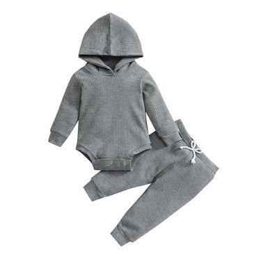 Newborn Baby Fall Winter Outfit - Long Sleeve Button Waffle Knit Footed Romper With Hat 2Pcs Set