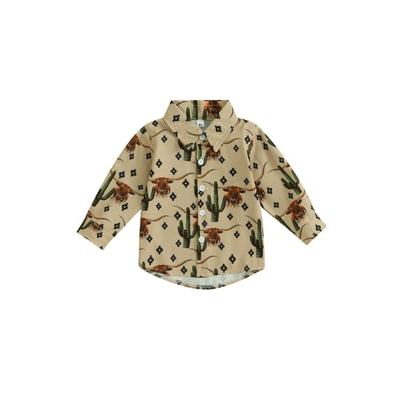 BABAMOON Western Toddler Baby Boys Shirts Cow Print Long Sleeve Turn-Down Collar Button-Down Tops Fall Winter Casual Clothes