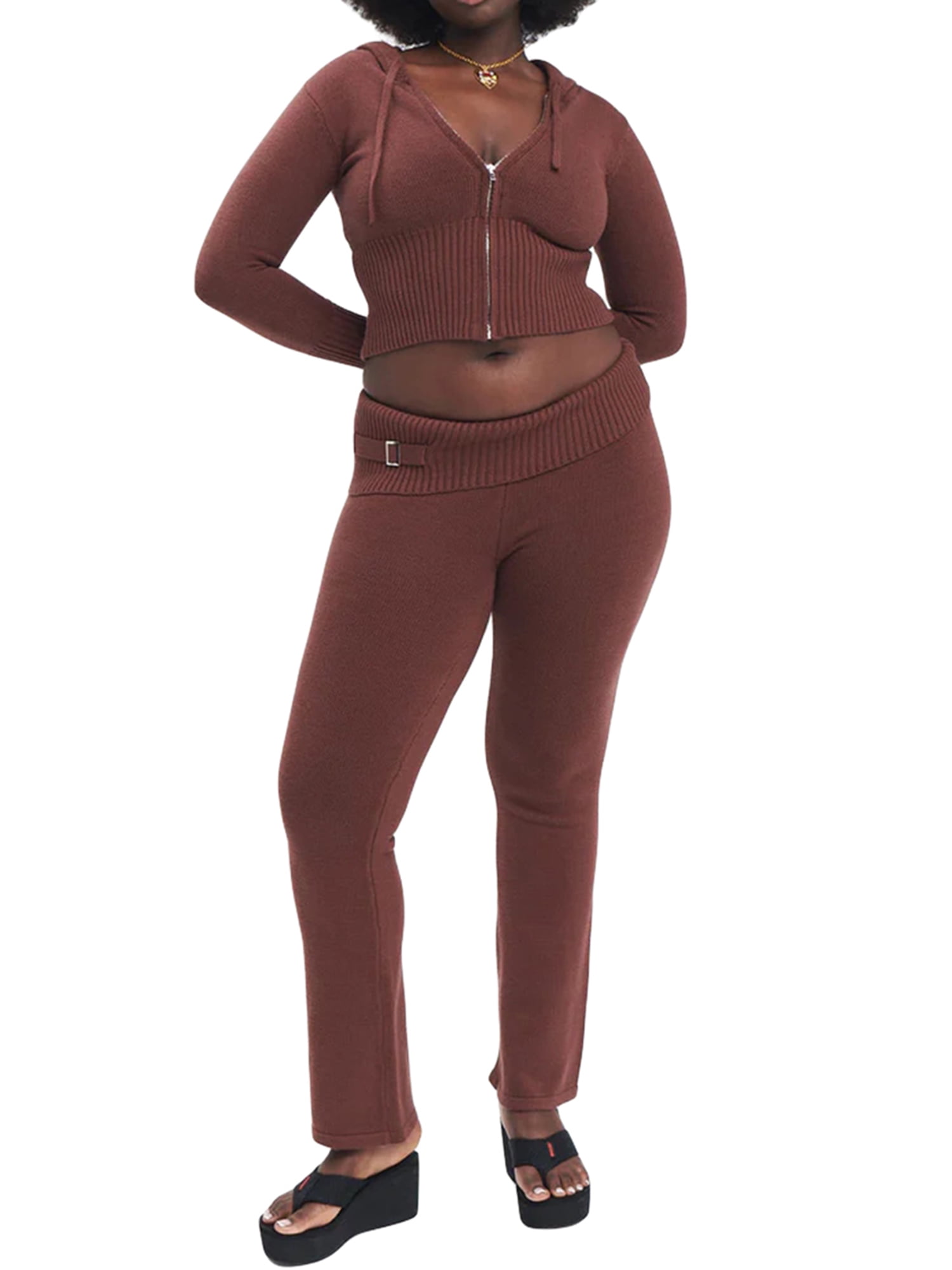 BABAMOON Women Ribbed Knit 2 Piece Outfits Long Sleeve Zipper-Up Slim ...