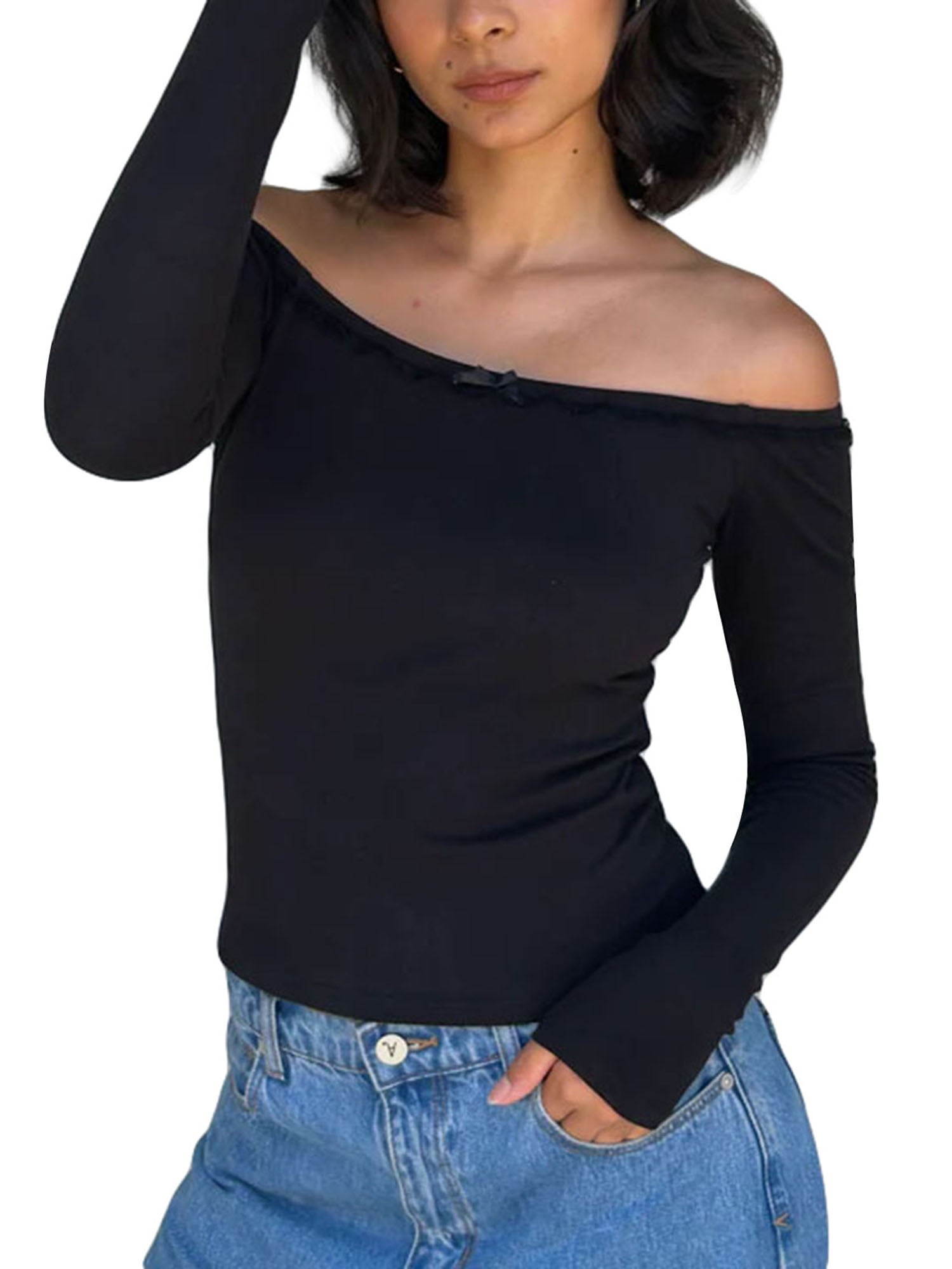 BABAMOON Women's Casual Long Sleeve Boat Neck Off Shoulder Slim Fit ...