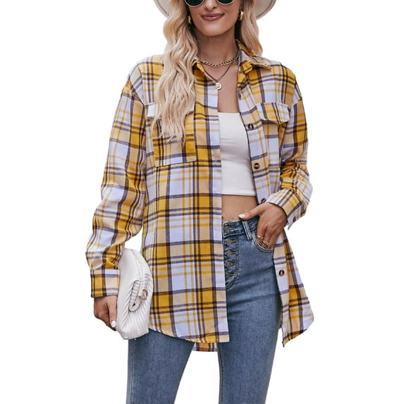 BABAMOON Women's Casual Long Sleeve Button Down Plaid Dress Shirt Blouse Tops