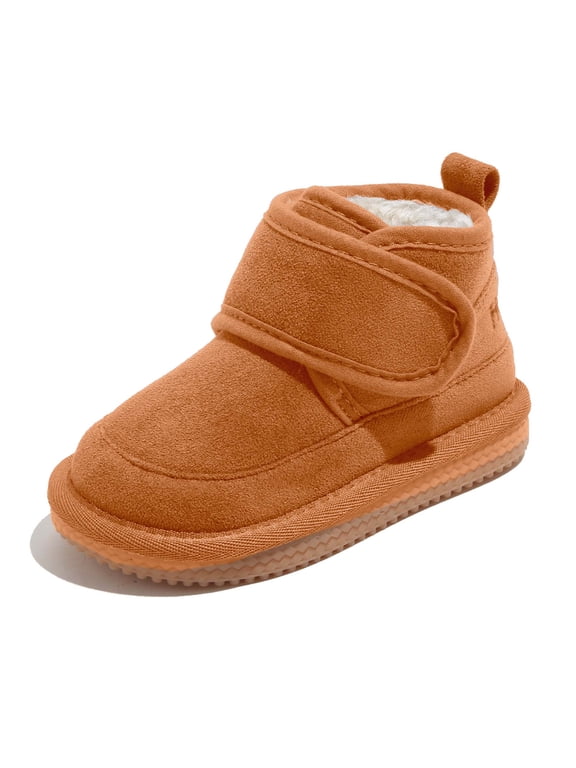 Toddler Suede Winter Snow Boots Little Kids Faux Lined Ankle Boots Warm Cold Weather Shoes for Boys Girls with Adjustable Strap Brown