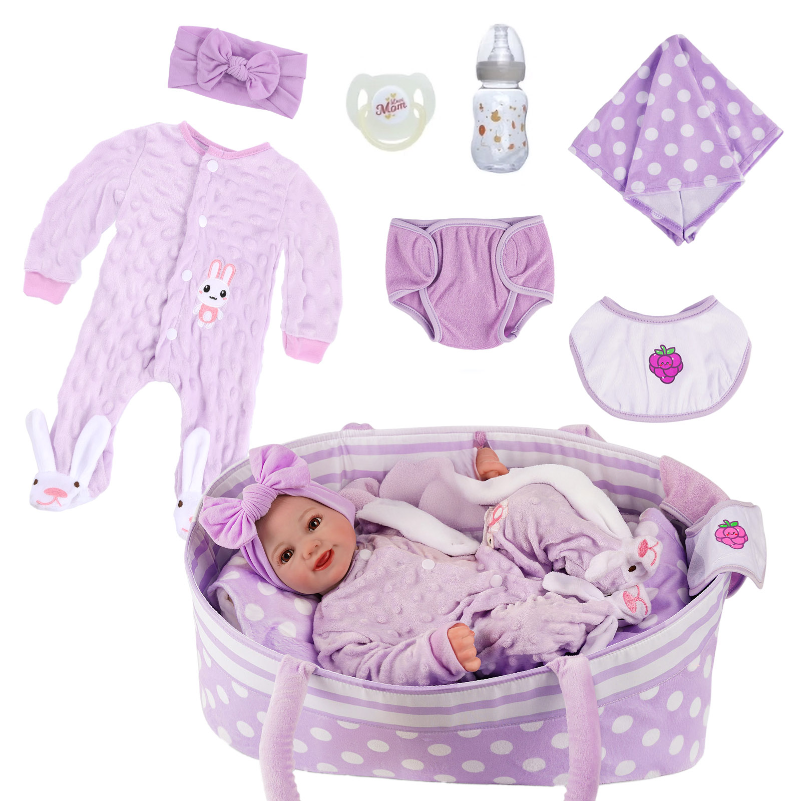 BABESIDE Muñeca Bebé Reborn Realista con Capazo, 17 Pulgadas, Cuerpo de Tela Suave, Niña Realista con Cesta y Kit de Alimentación, Caja de Regalo para Niños 3+