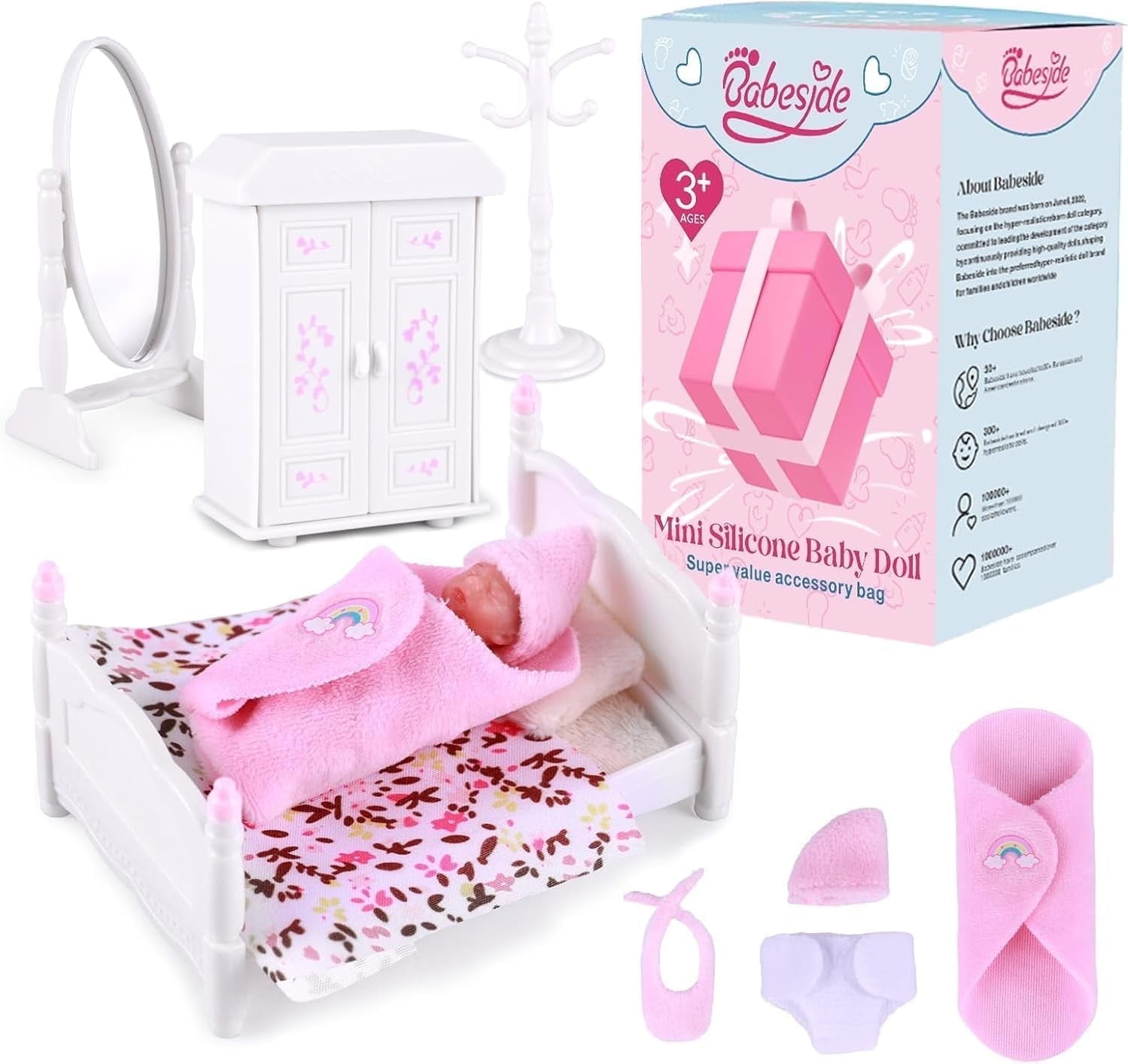 BABESIDE 3 Inch Mini Silicone Baby Dolls Newborn Baby Dolls Full Silicone Sleeping Little Baby Dolls Mini Real Life Baby Girl Miniature Baby with Playset Accessories(Pink)