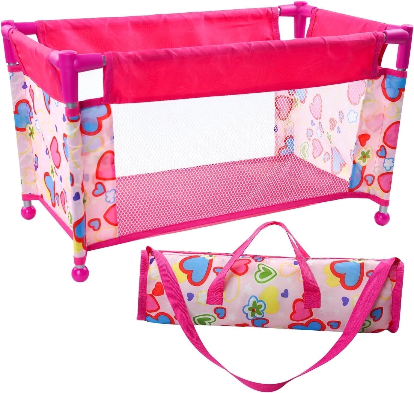 Babeside Foldable Doll Crib & Playpen for 17-21 inch Reborn Babies - Pink Portable Baby Bed with Soft Cloth Body, Gift for Kids