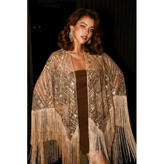 BABEYOND 1920s Beaded Shawl Wraps Sequin Fringed Evening Cape Wedding Bridal Shawl Scarf for Evening Dresses Party (champagne)