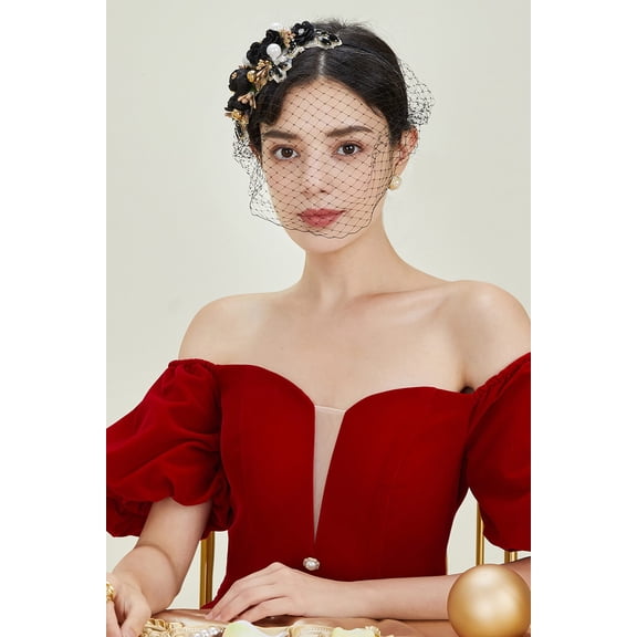 BABEYOND 1920s Fascinator Mesh Flower Pearl Veil Headband Bridal Wedding Tea Party Fascinator Veil for Women