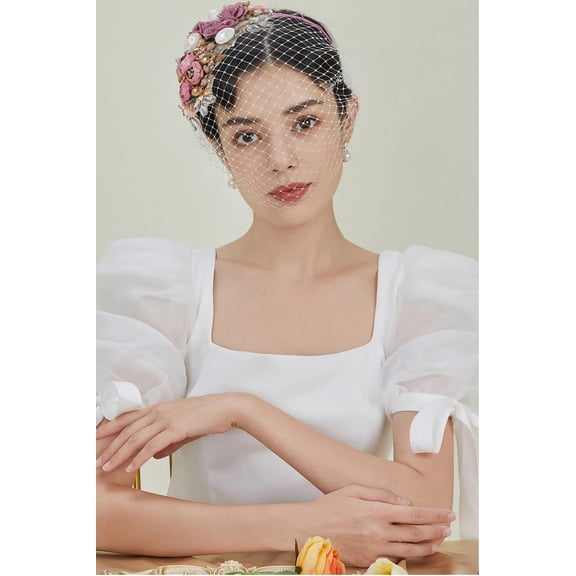 BABEYOND 1920s Fascinator Mesh Flower Pearl Veil Headband Bridal Wedding Tea Party Fascinator Veil for Women