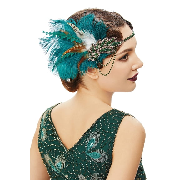BABEYOND 1920s Headpiece Flapper Headband - Roaring 20's Sequined Showgirl Hair Band with Feather (Dark Green)