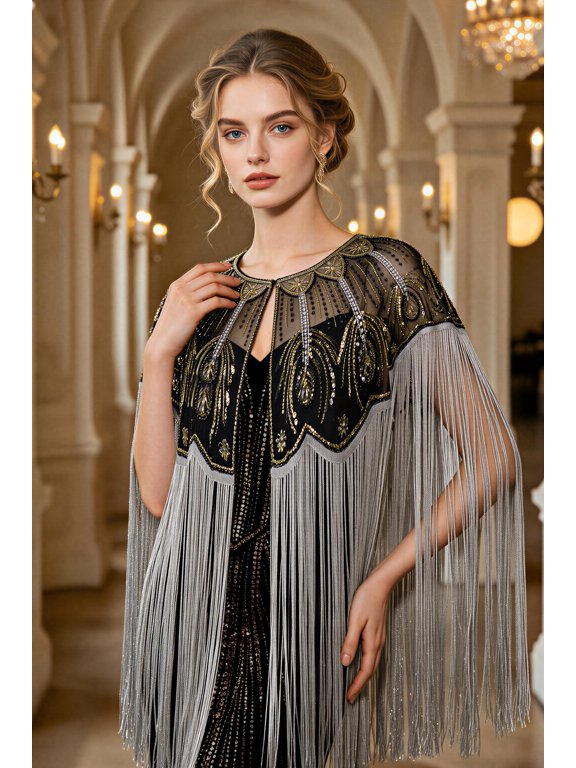 1920s Shawl Wraps Long Fringed Evening Cape Sequin Beaded Party Shawl