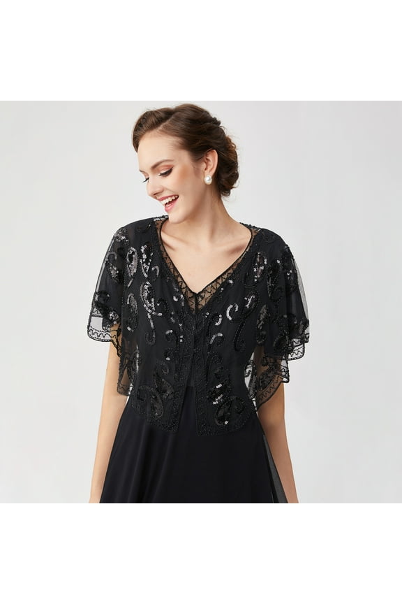 1920s Shawl Wraps Sequin Beaded Evening Cape Bridal Shawl Bolero Flapper Cover Up