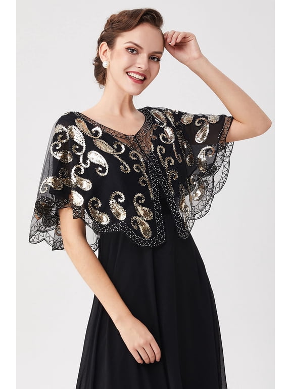 1920s Shawl Wraps Sequin Beaded Evening Cape Bridal Shawl Bolero Flapper Cover Up