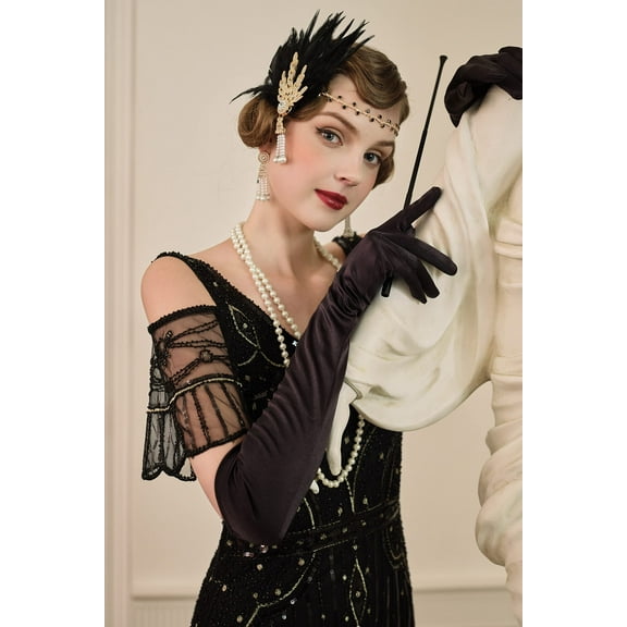 BABEYOND Art Deco 1920's Flapper Great Gatsby Inspired Leaf Medallion Pearl Headband Black Feather