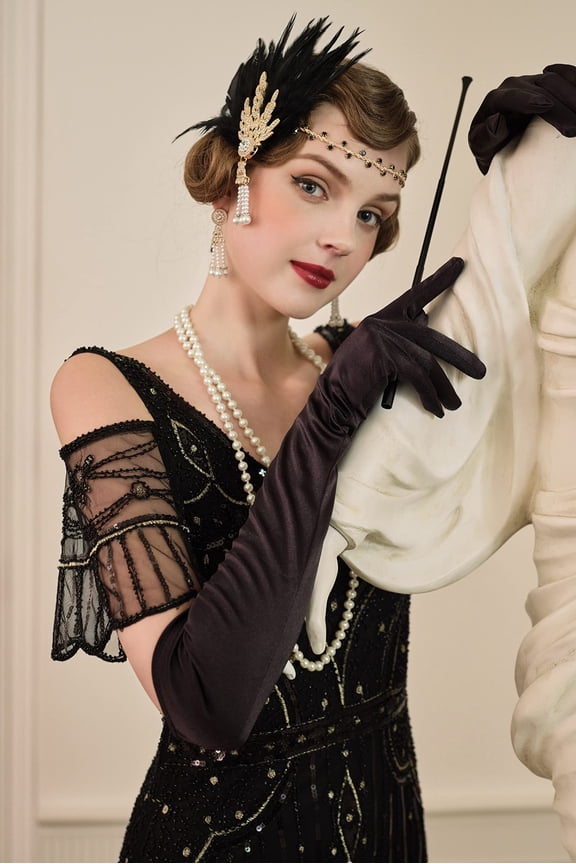 Art Deco 1920's Flapper Great Gatsby Inspired Leaf Medallion Pearl Headband Black Feather
