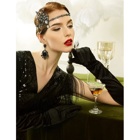 BABEYOND Art Deco 1920's Flapper Great Gatsby Inspired Leaf Medallion Pearl Headpiece Headband Black