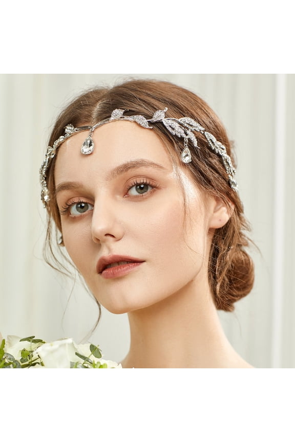 Crystal Leaf Wedding Diadem Headband Bridal Bridesmaid Forehead Band Rhinestone Bridal Tiara Crown with Gift Box