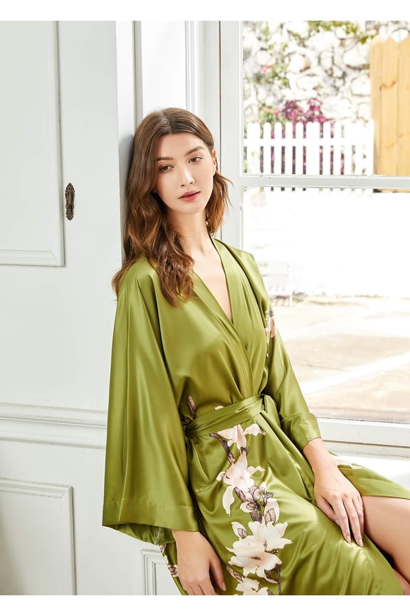 Kimono Robe Cover up with Box Long Floral Satin Sleepwear Silky Bathrobe Bachelorette Robe