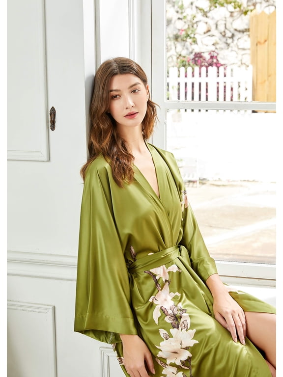 Kimono Robe Cover up with Box Long Floral Satin Sleepwear Silky Bathrobe Bachelorette Robe