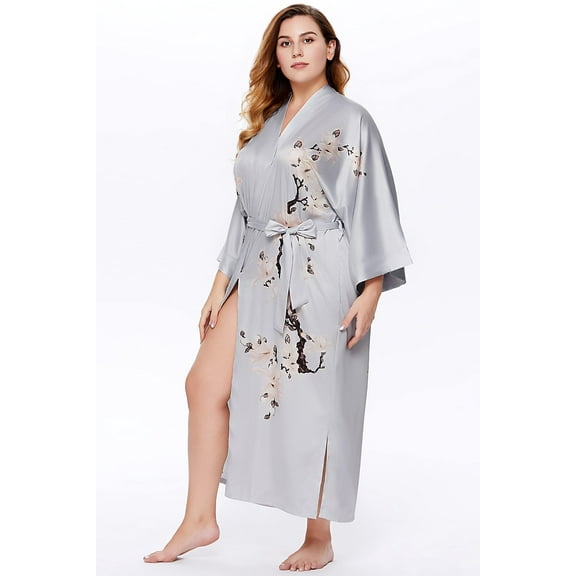 BABEYOND Plus Size Long Kimono Robe Floral Satin Robes Silky Kimono Cover Up Loose Cardigan Top Bachelorette Party Robe