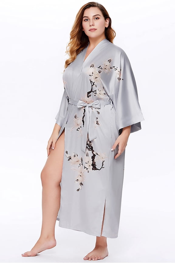 Plus Size Long Kimono Robe Floral Satin Robes Silky Kimono Cover Up Loose Cardigan Top Bachelorette Party Robe