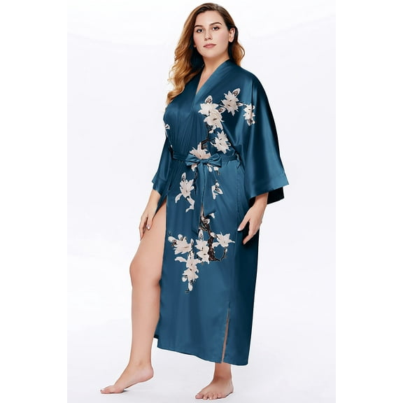 BABEYOND Plus Size Long Kimono Robe Floral Satin Robes Silky Kimono Cover Up Loose Cardigan Top Bachelorette Party Robe