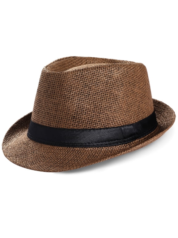 Straw Trilby Fedora Hat for Men-1920s Felt Panama Hat Short Brim Summer Cap with Ribbon
