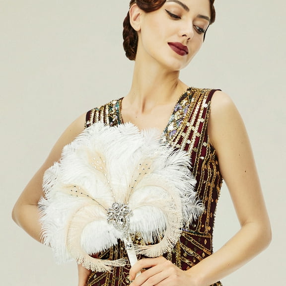 BABEYOND Vintage Bridal Feather Bouquet 1920s Ostrich Feather Fan Crystal Bridesmaid Bouquet 20s Gatsby Wedding Bouquet Flapper Accessories (White)