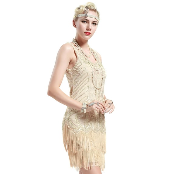 BABEYOND Women's Flapper Dresses 1920s V Neck Beaded Fringed Great Gatsby Dress (Small, Beige)