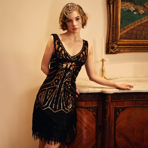 BABEYOND Women's Flapper Dresses 1920s V Neck Beaded Fringed Great Gatsby Dress