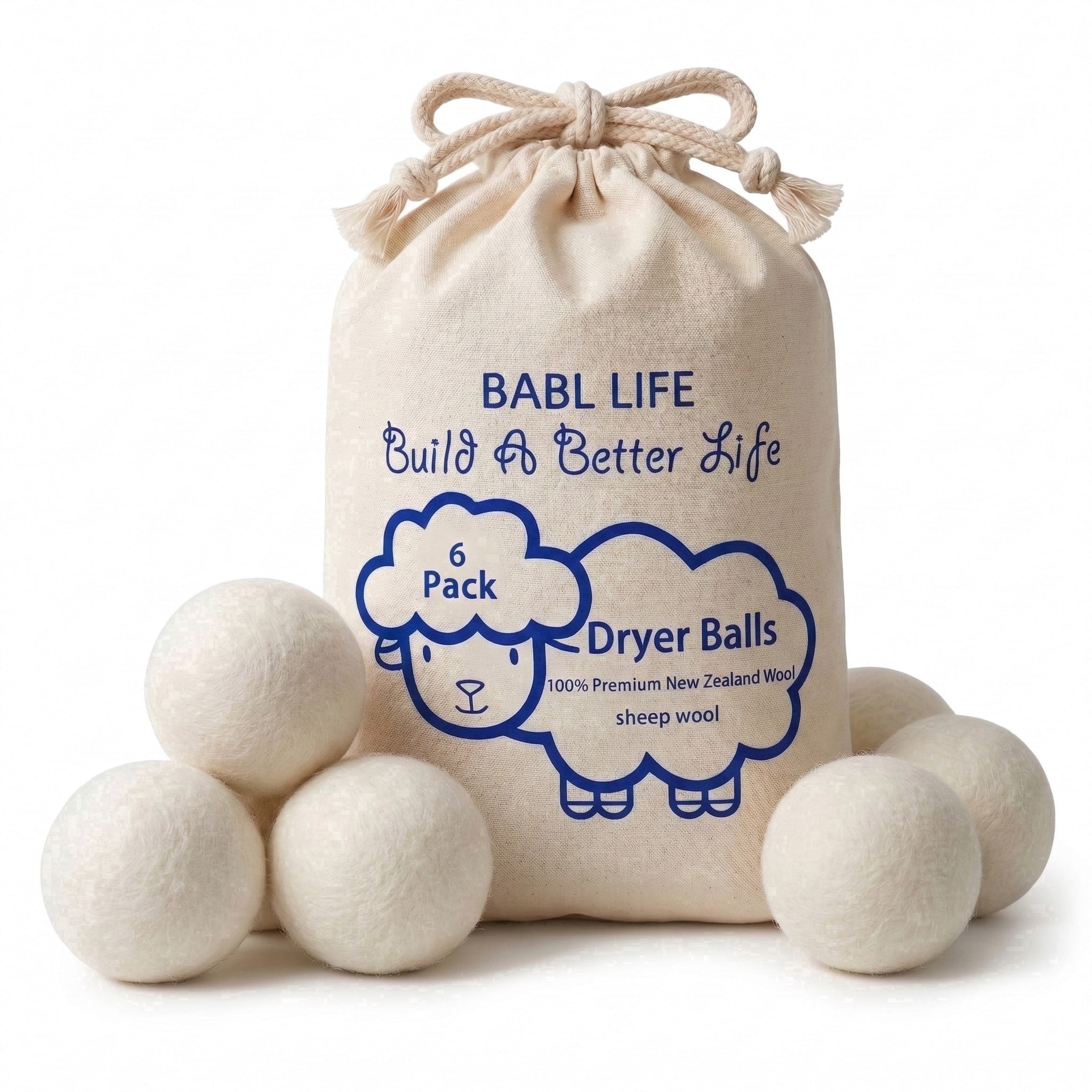 BABL LIFE, Wool Dryer Balls, 6 Pack, 2.6 Inch, Fabric Softener ...